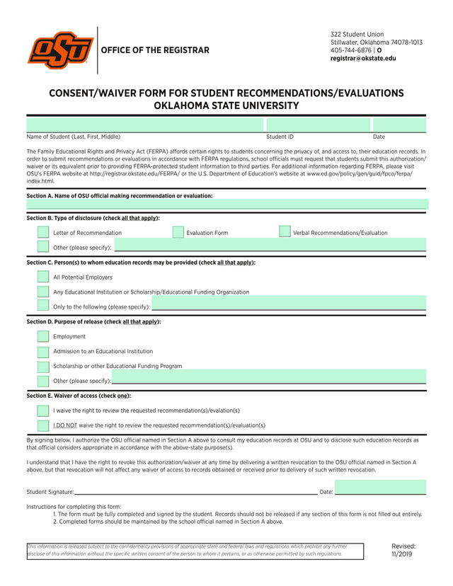 FERPA Authorization And Waiver Form screenshot