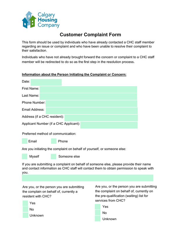 Customer Complaint Form screenshot
