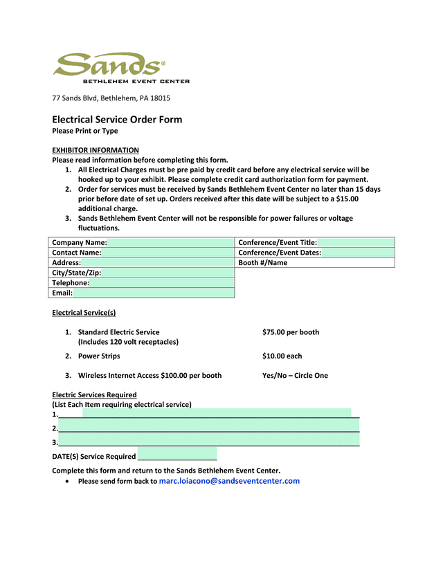 Electrical Service Order Form screenshot