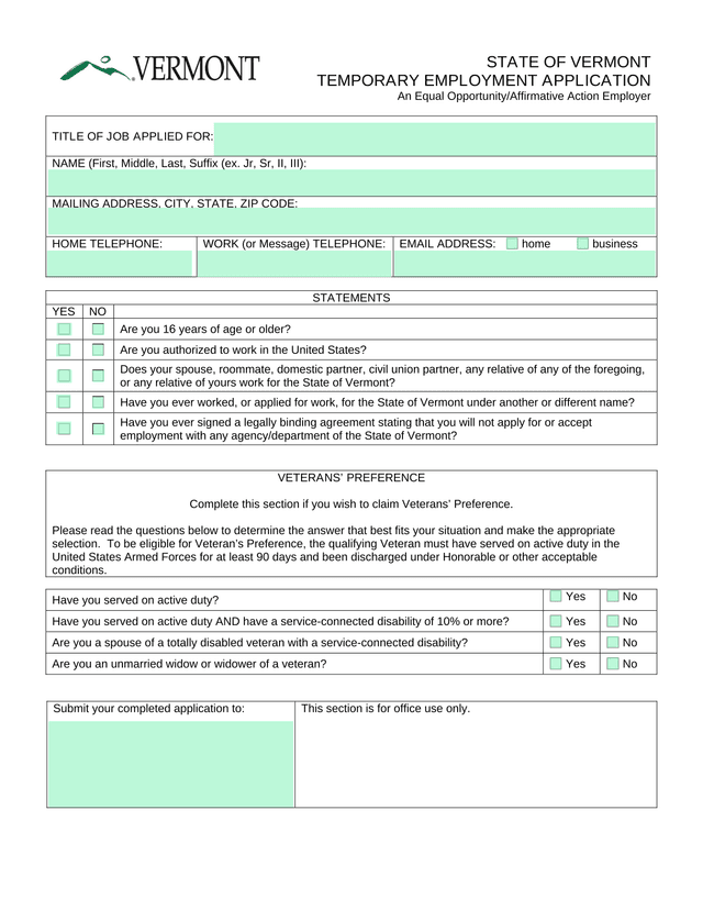 STATE OF VERMONT TEMPORARY EMPLOYMENT APPLICATION screenshot