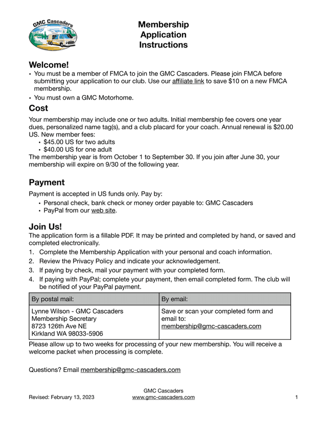 GMC Cascaders Membership Application screenshot