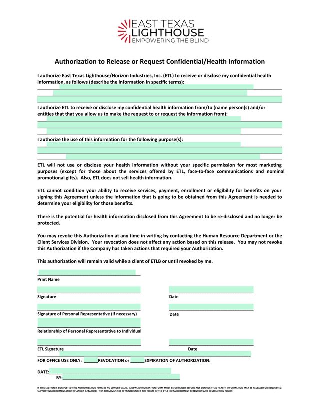 Authorization To Release Or Request ConfidentialHealth Information screenshot