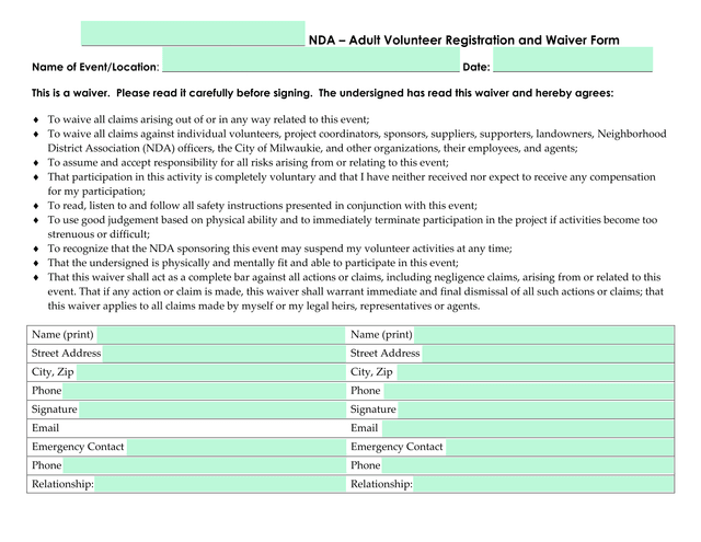 NDA  Adult Volunteer Registration And Waiver Form screenshot