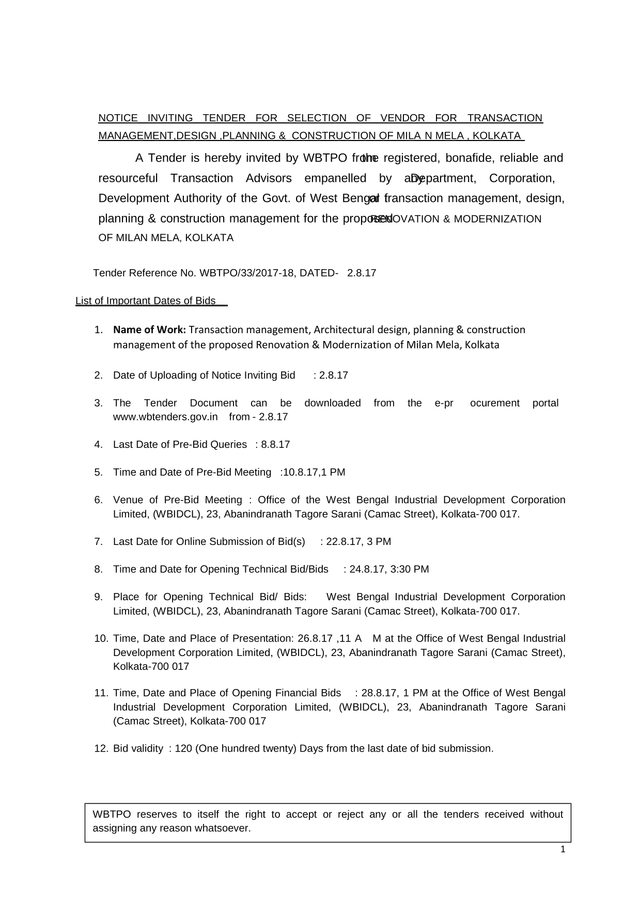 Notice Inviting Tender For Selection Of Vendor For Milan Mela Project screenshot