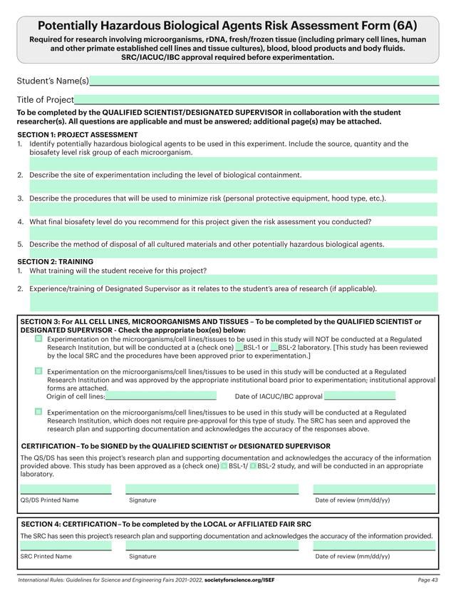 Potentially Hazardous Biological Agents Risk Assessment Form (6A) screenshot