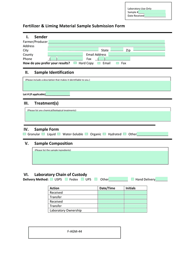 Fertilizer  Liming Material Sample Submission Form screenshot