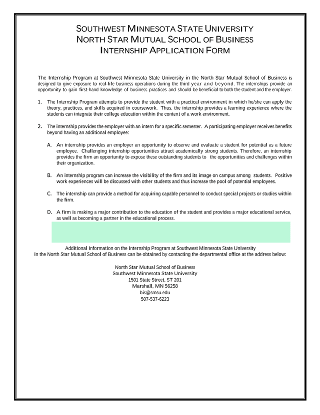 Southwest Minnesota State University North Star Mutual School Of Business Internship Application For screenshot