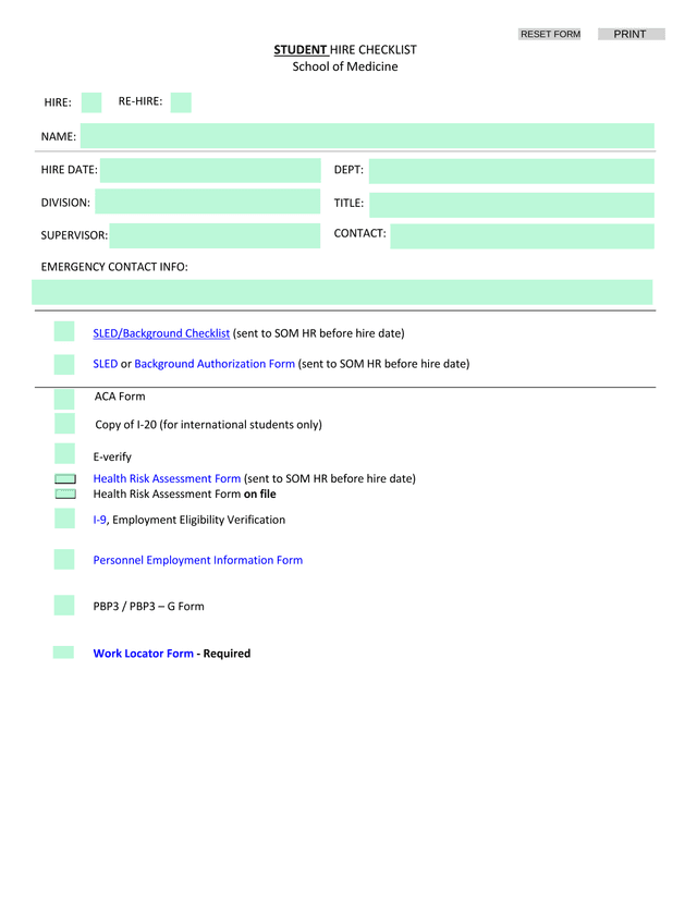 STUDENT HIRE CHECKLIST screenshot