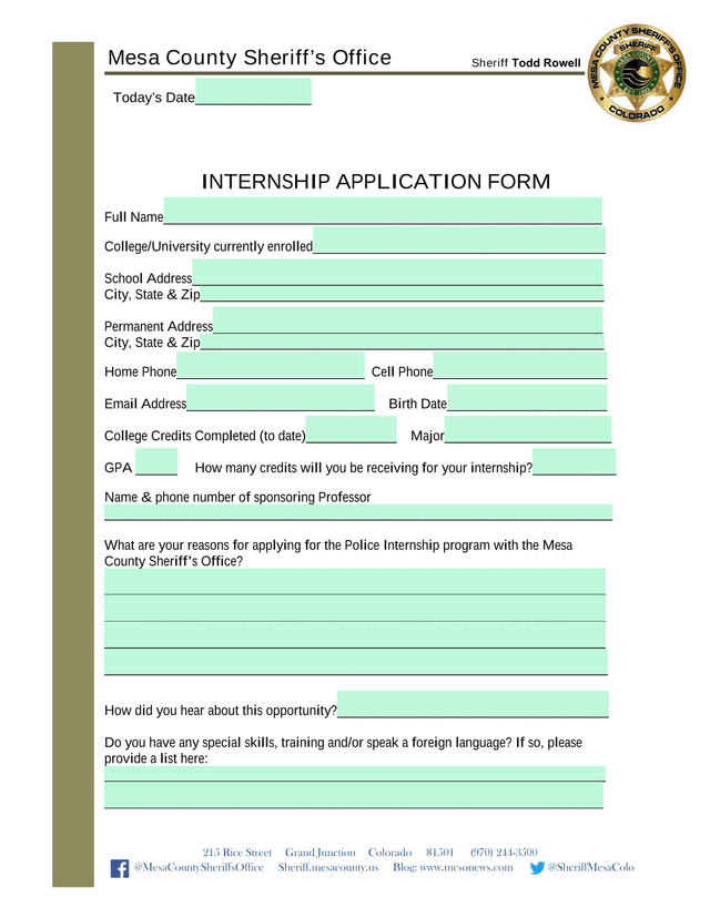 Mesa County SheriffS Office Internship Application Form screenshot