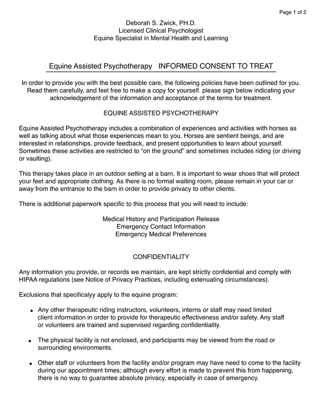 Equine Assisted Psychotherapy Informed Consent To Treat screenshot