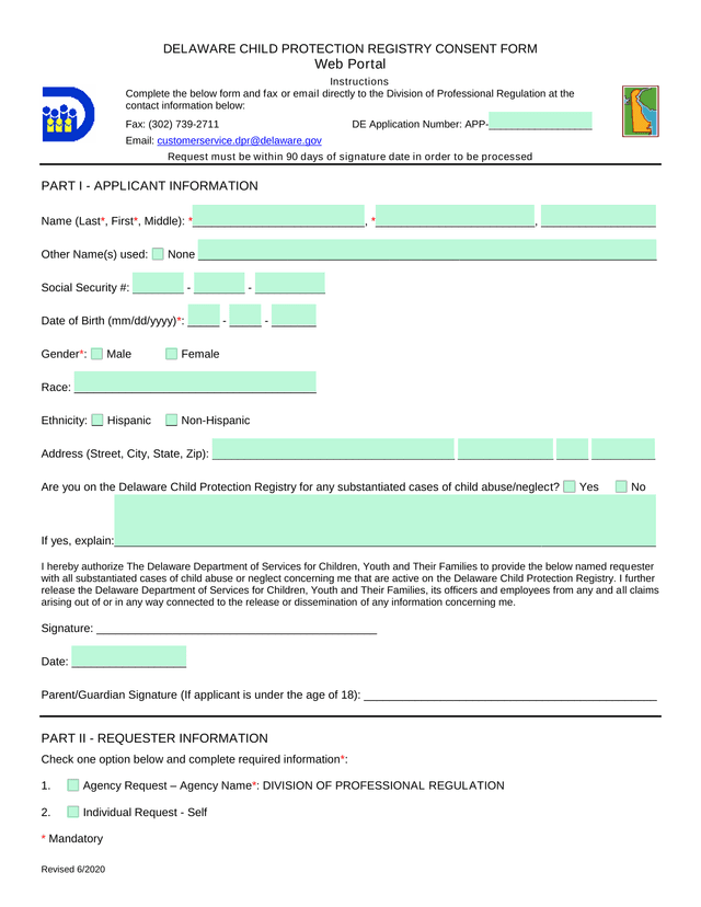 Delaware Child Protection Registry Consent Form screenshot