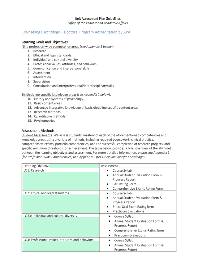 Unit Assessment Plan Guidelines screenshot
