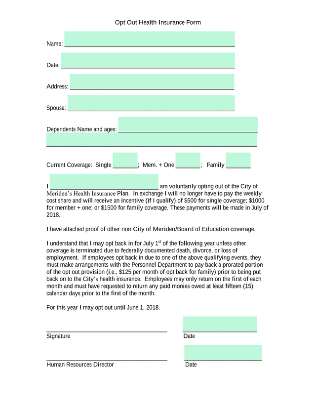 Opt Out Health Insurance Form screenshot