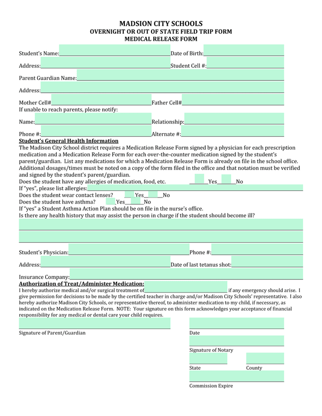 Overnight Or Out Of State Field Trip Form   Medical Release Form screenshot