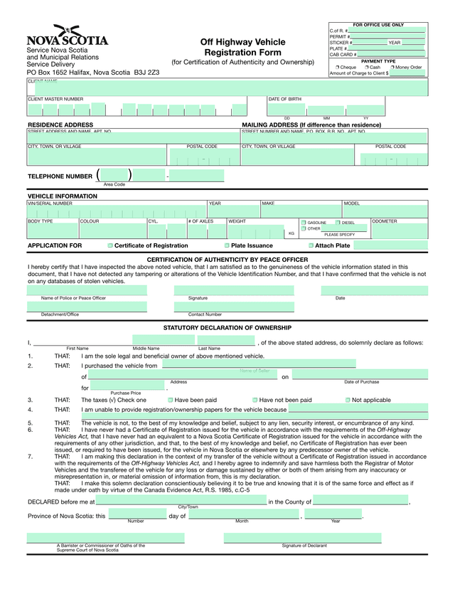 Off Highway Vehicle Registration Form screenshot