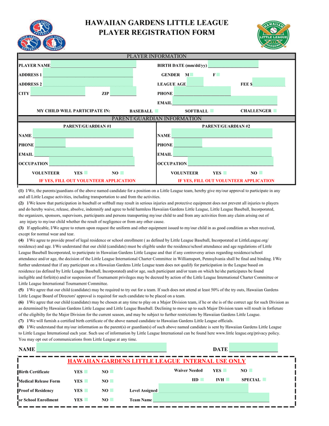 Hawaiian Gardens Little League Registration Form screenshot