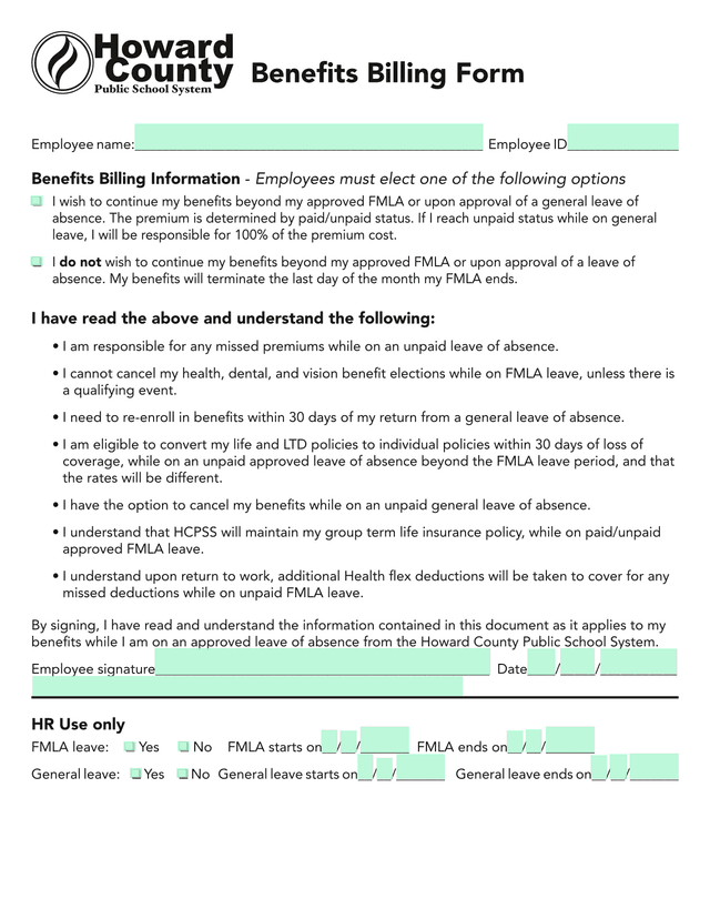 Benefits Billing Form screenshot