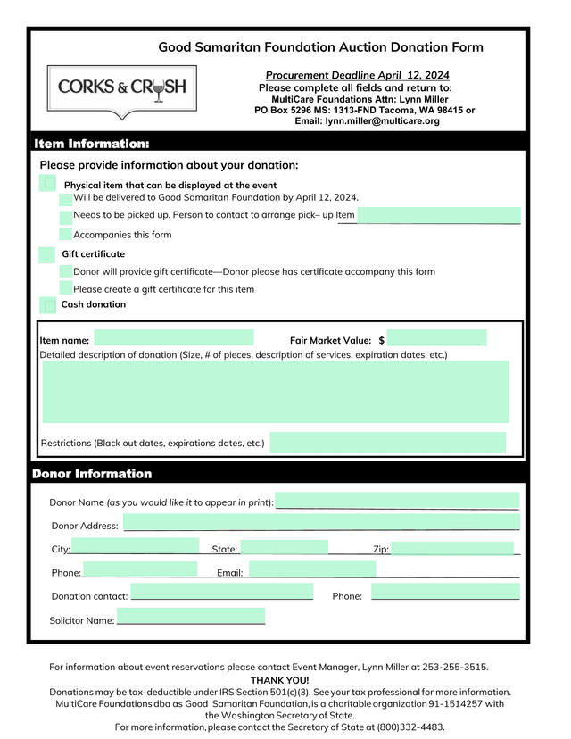Good Samaritan Foundation Auction Donation Form screenshot