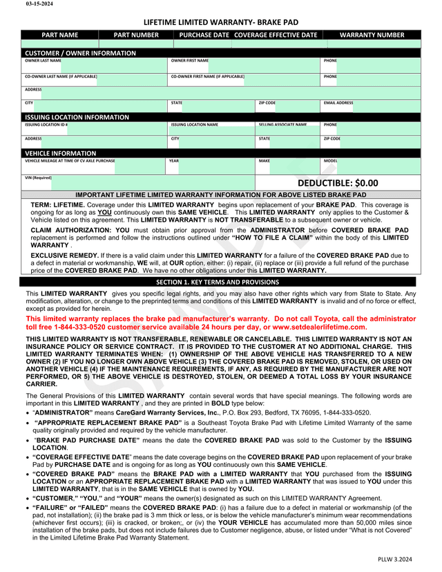 LIFETIME LIMITED WARRANTY  BRAKE PAD screenshot