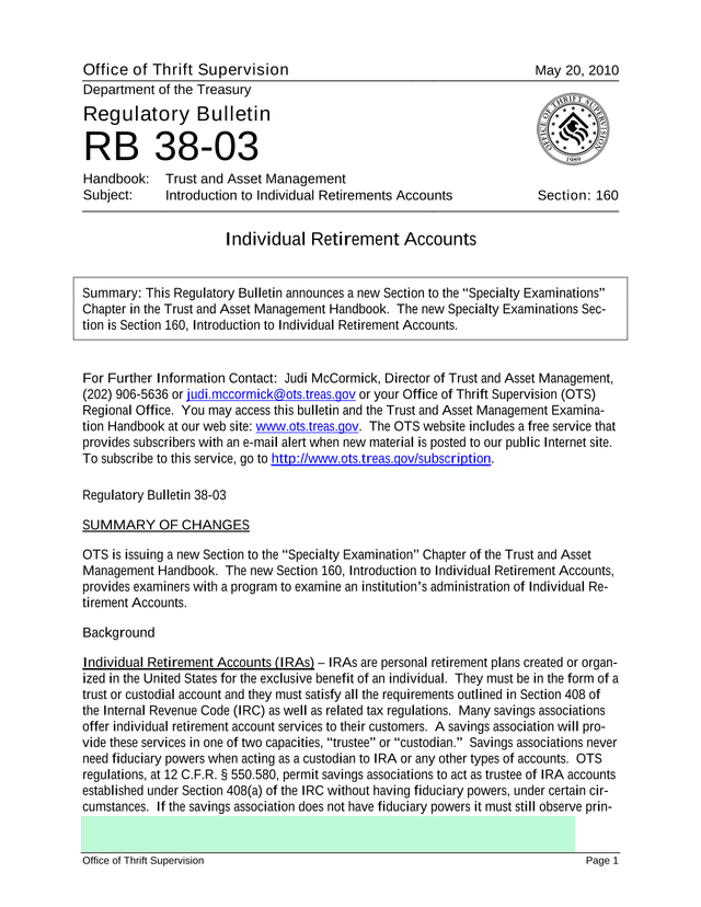 Regulatory Bulletin 38 03 Introduction To Individual Retirements Accounts screenshot
