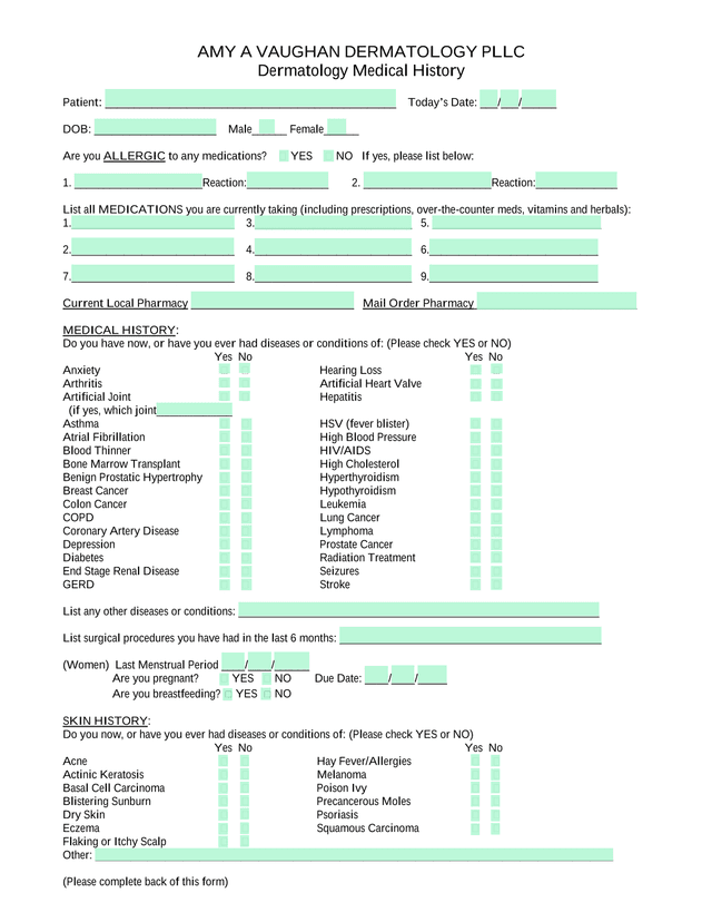 Dermatology Medical History screenshot