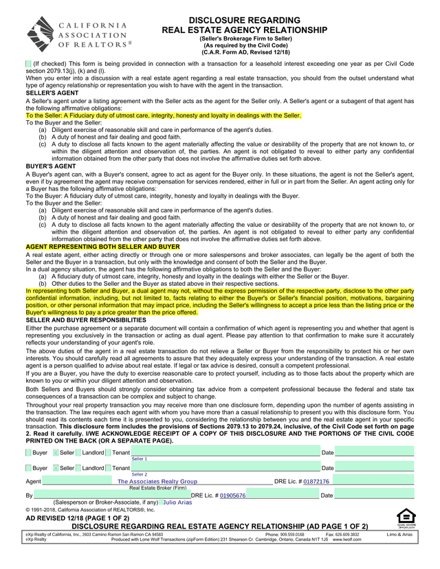 Disclosure Regarding Real Estate Agency Relationship screenshot