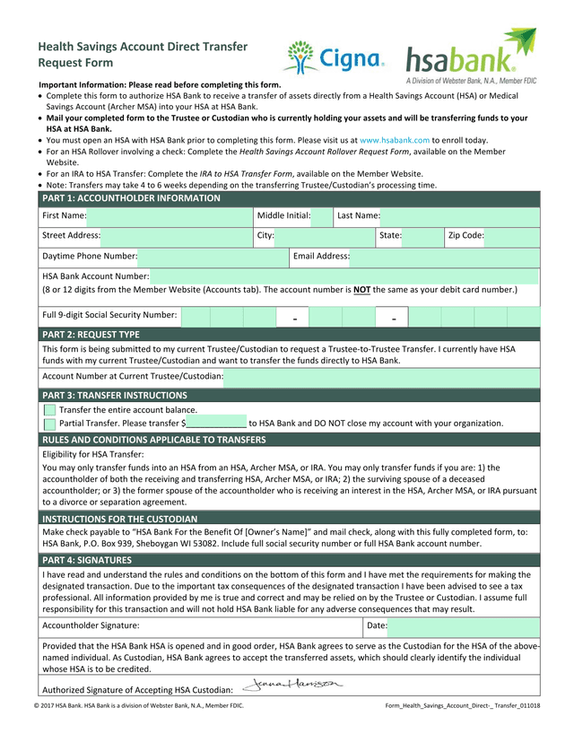 Health Savings Account Direct Transfer Request Form screenshot