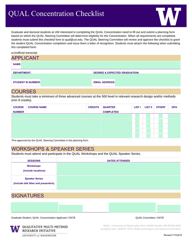 QUAL Concentration Checklist screenshot