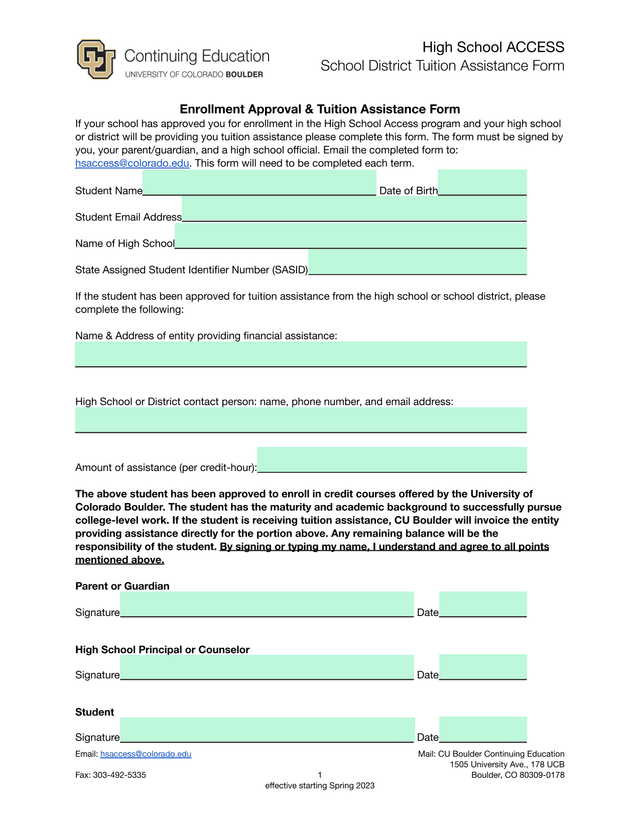 High School ACCESS School District Tuition Assistance Form screenshot