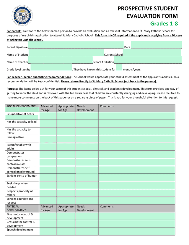 Prospective Student Evaluation Form screenshot