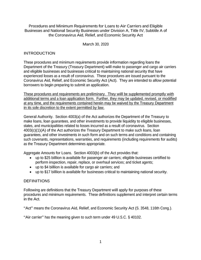 Procedures And Minimum Requirements For Loans To Air Carriers And Eligible Businesses And National S screenshot