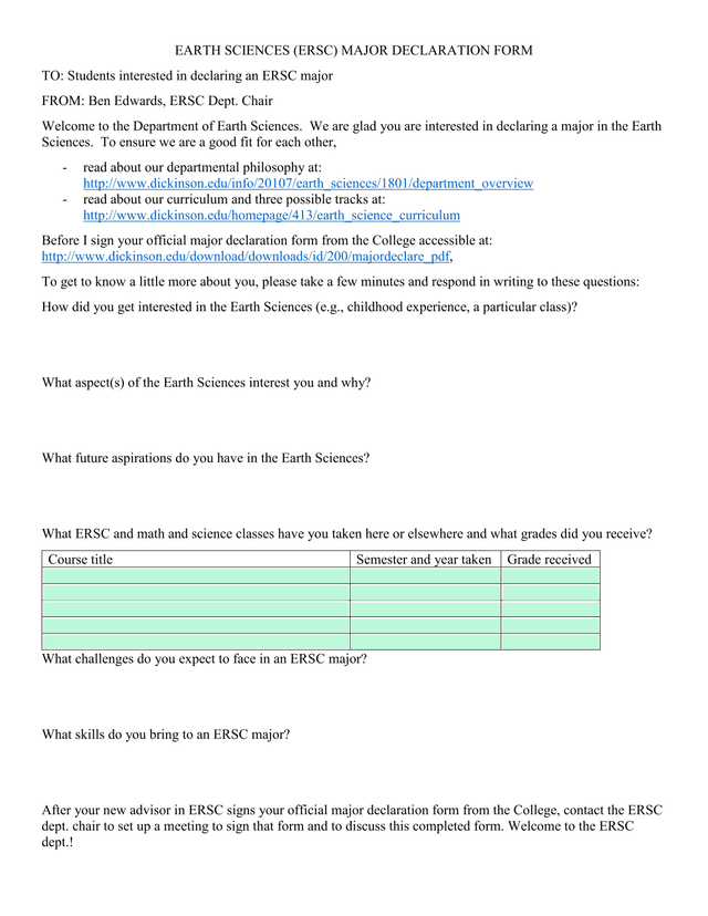 EARTH SCIENCES (ERSC) MAJOR DECLARATION FORM screenshot