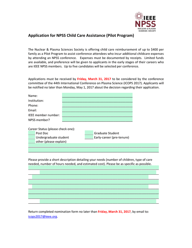 Application For NPSS Child Care Assistance (Pilot Program) screenshot
