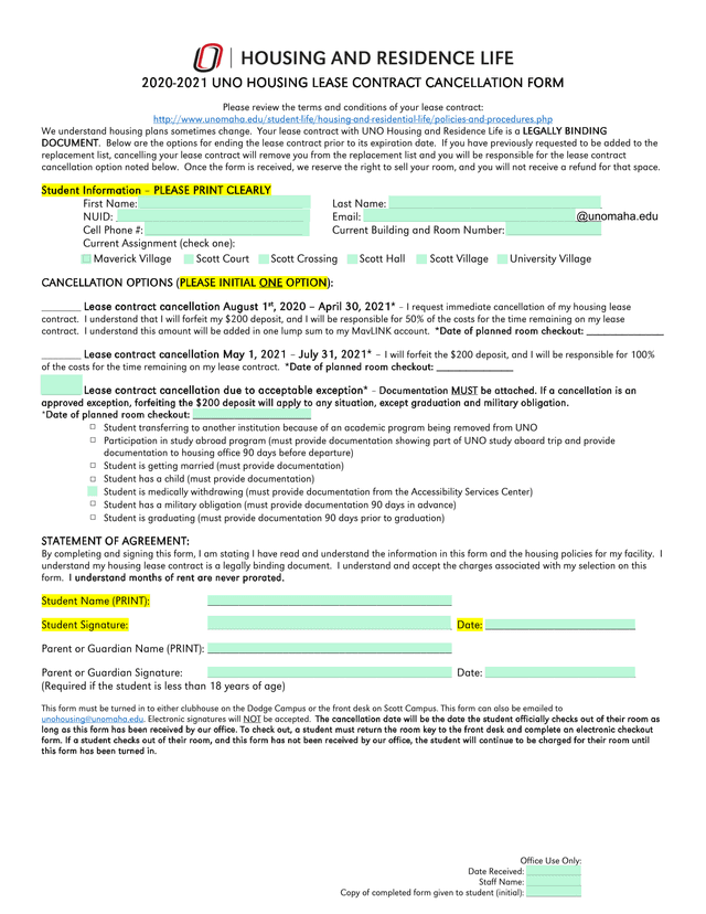 UNO Housing Lease Contract Cancellation Form screenshot