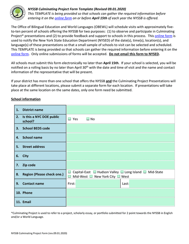 NYSSB Culminating Project Form Template screenshot