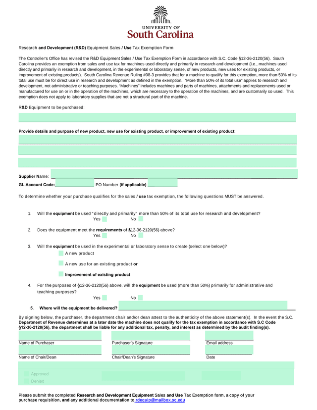 Research And Development (RD) Equipment Sales  Use Tax Exemption Form screenshot