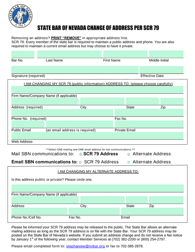STATE BAR OF NEVADA CHANGE OF ADDRESS PER SCR 79 screenshot