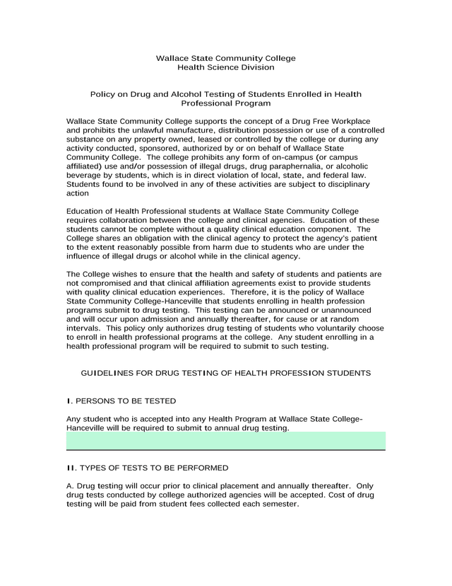 Policy On Drug And Alcohol Testing Of Students Enrolled In Health Professional Program screenshot