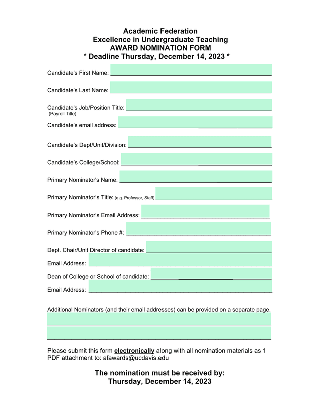 Academic Federation Excellence In Undergraduate Teaching Award Nomination Form screenshot