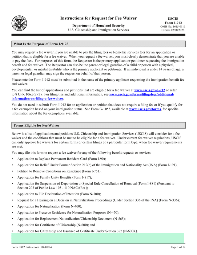 Request For Fee Waiver (Form I 912) screenshot
