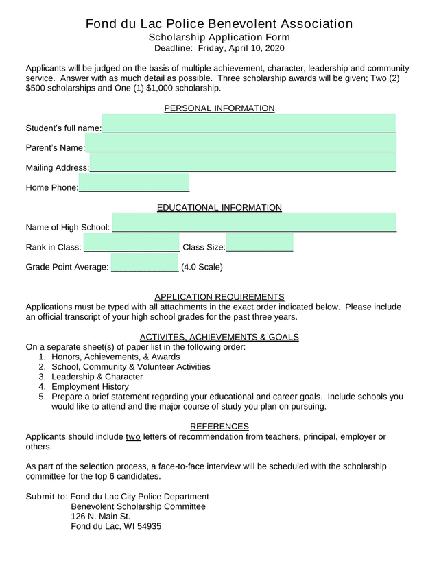 Scholarship Application Form screenshot