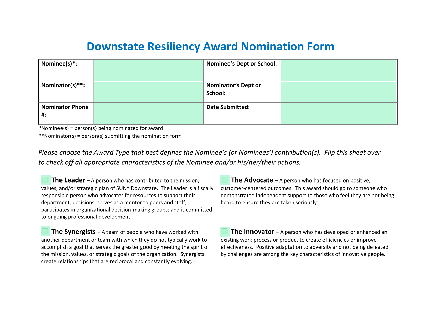 Downstate Resiliency Award Nomination Form screenshot