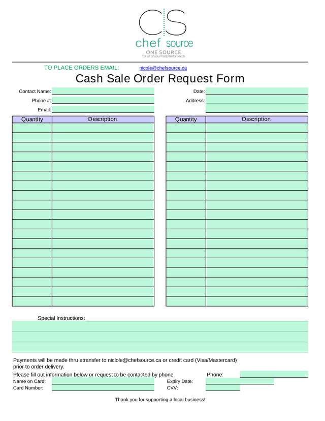 Cash Sale Order Request Form screenshot