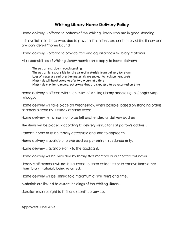Whiting Library Home Delivery Policy screenshot