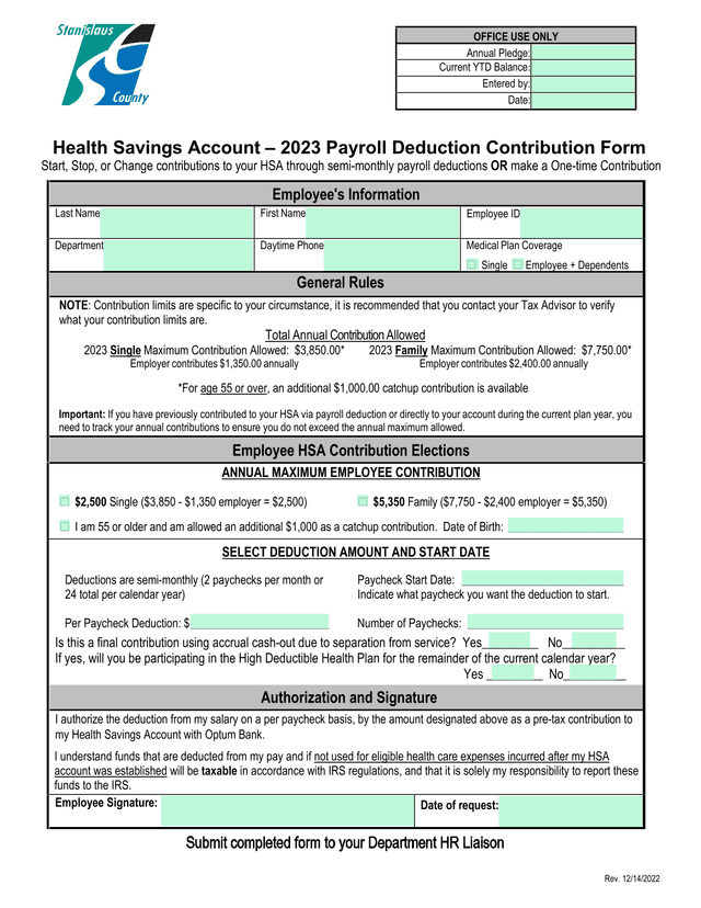 Health Savings Account  2023 Payroll Deduction Contribution Form screenshot