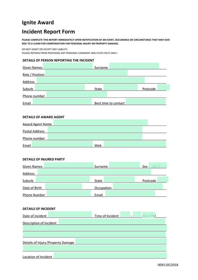 Ignite Award Incident Report Form screenshot
