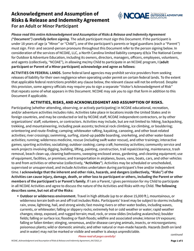 NCOAE Acknowledgment And Assumption Of Risks  Release And Indemnity Agreement screenshot