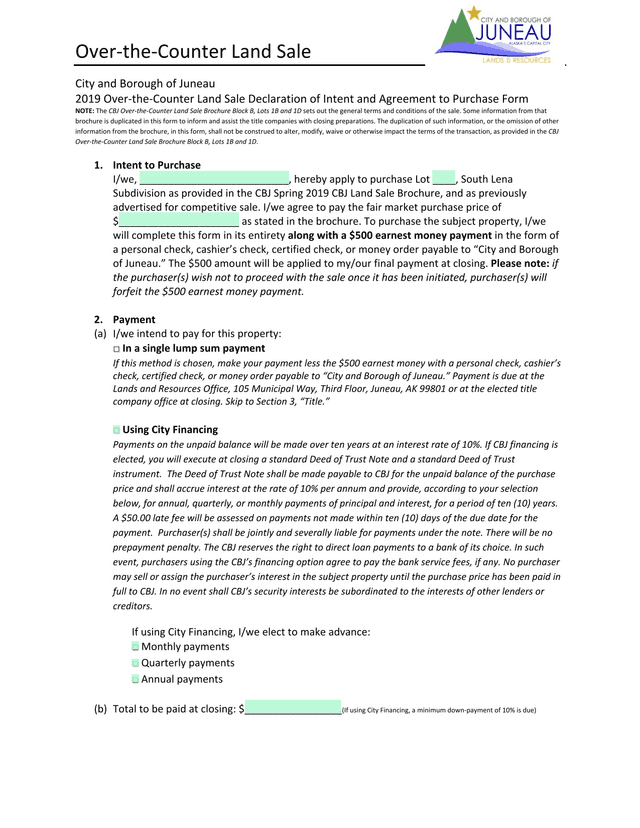 Over The Counter Land Sale Declaration Of Intent And Agreement To Purchase Form screenshot