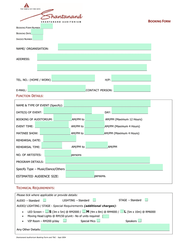 Shantanand Auditorium Booking Form And TC screenshot
