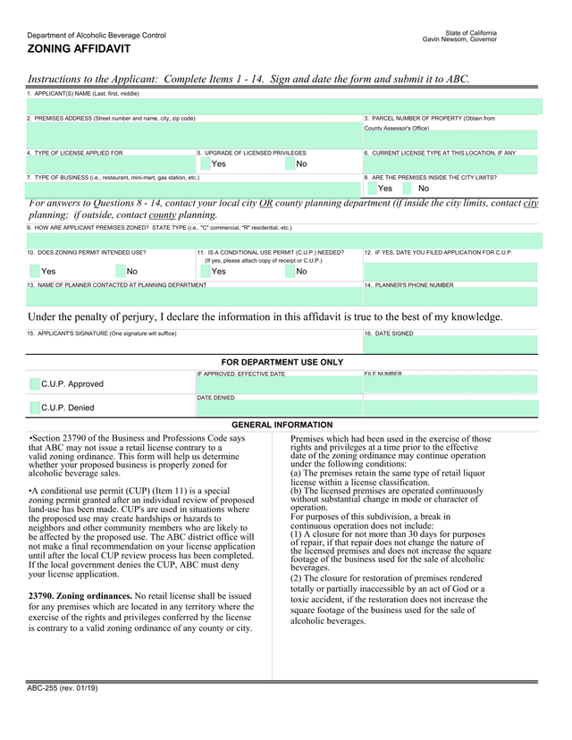 Zoning Affidavit screenshot